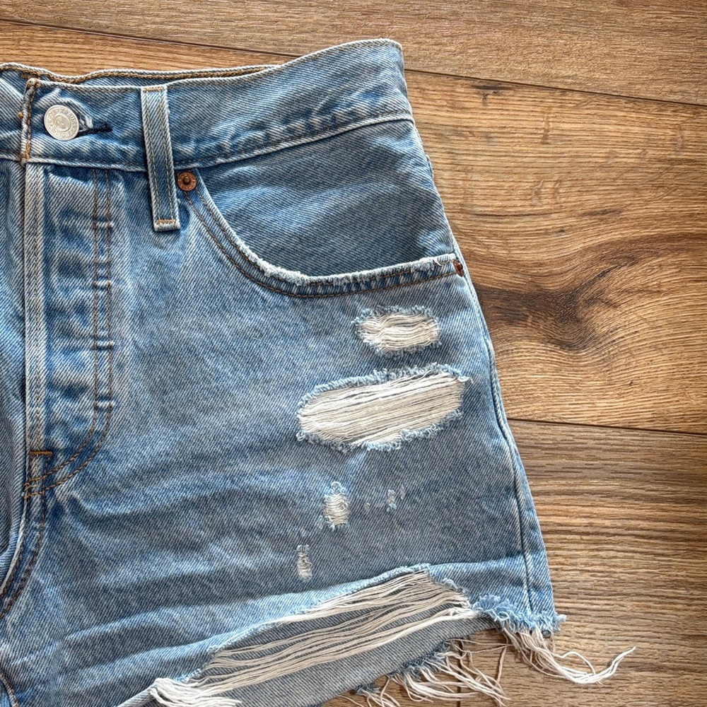 Levi's Light Blue Distressed Jean Shorts - Picture 3 of 5